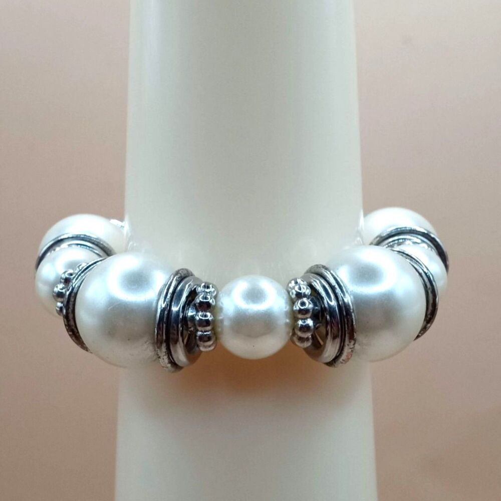 Vintage Faux Pearl with Fancy Silver Toned Spacers Stretchy Bracelet